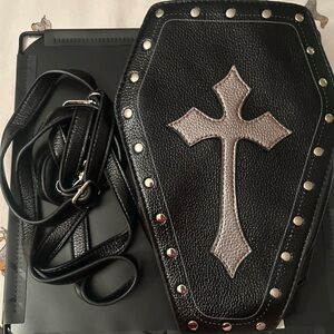 Black Coffin Crossbody Bag with Silver Cross